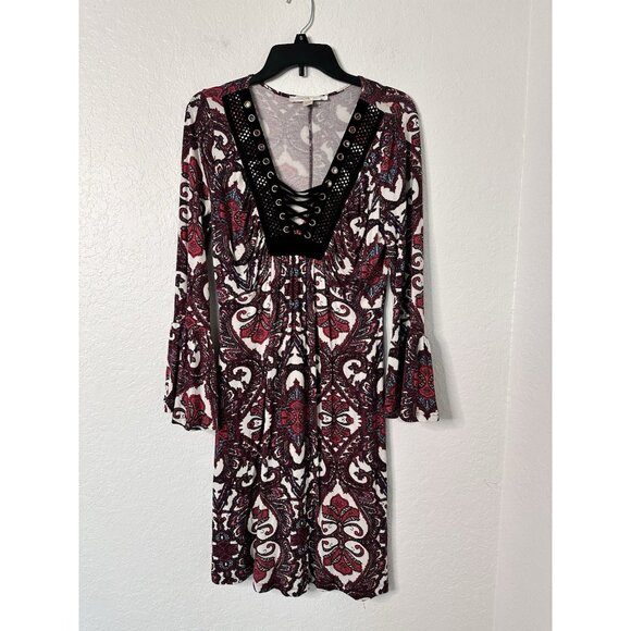 BOSTON PROPER Women's Boho Dress Velvet V- Neck Size S Belt Sleeve Stretch - Picture 1 of 7